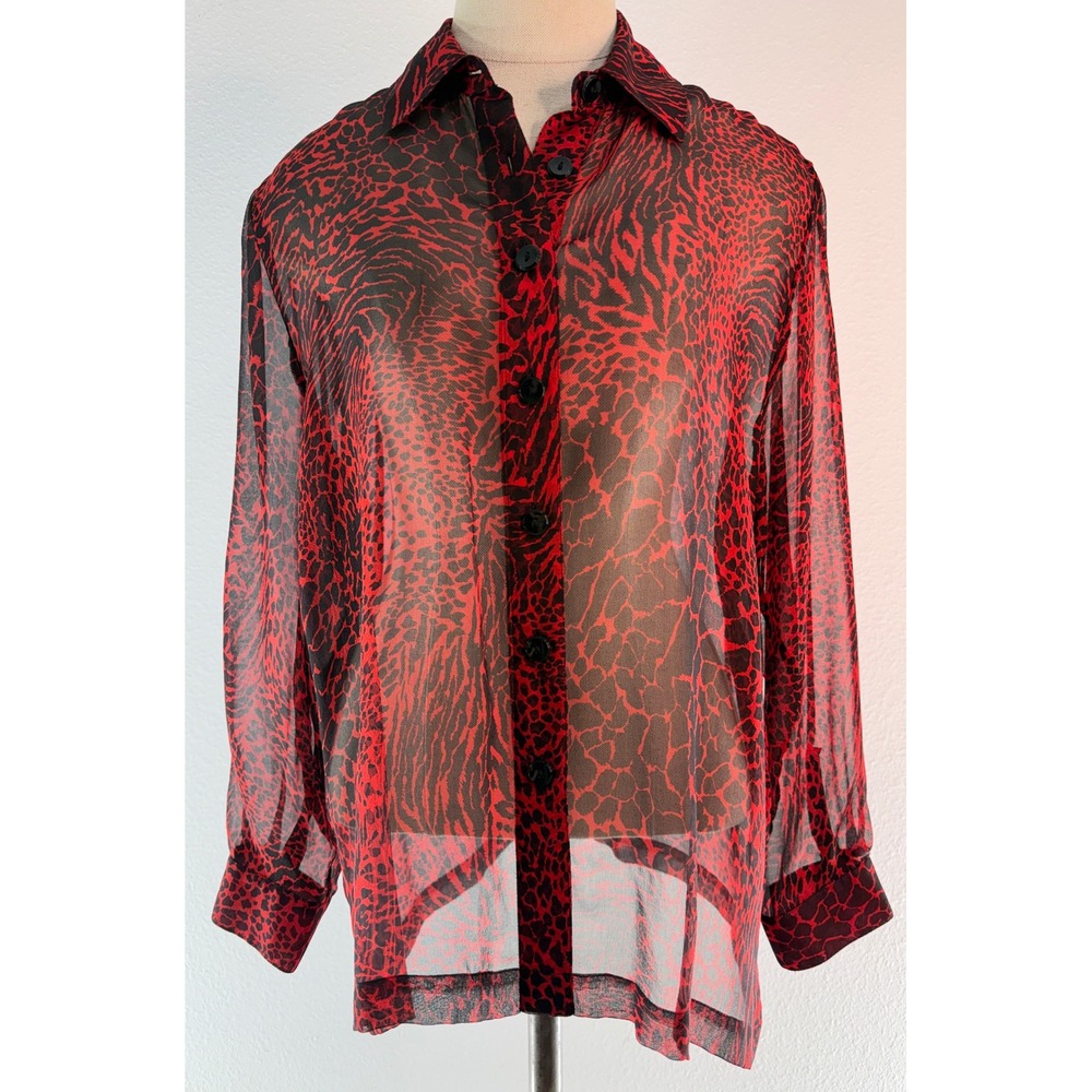 VTG 90s Y2K 100% Silk Sheer Animal Print Button Up Top Red Black Retro Grunge PM
